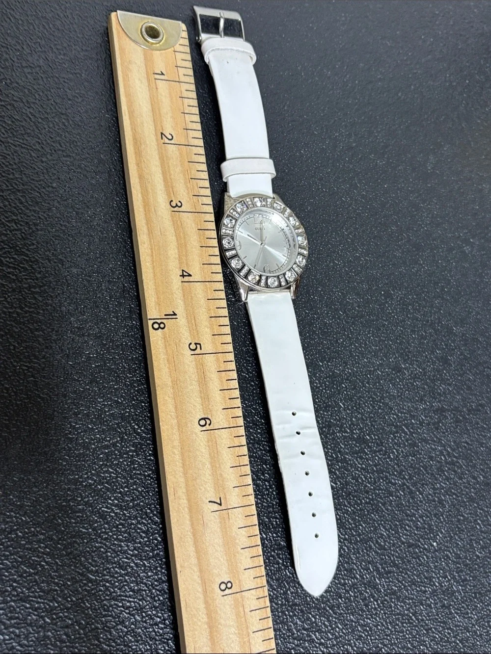 Guess Y2K Crystal-Trim Silver Dial Working Watch White Leather Strap Retro